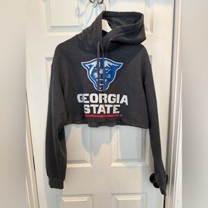 Port and Company Charcoal Gray Georgia State Cropped Hoodie with Blue Logo